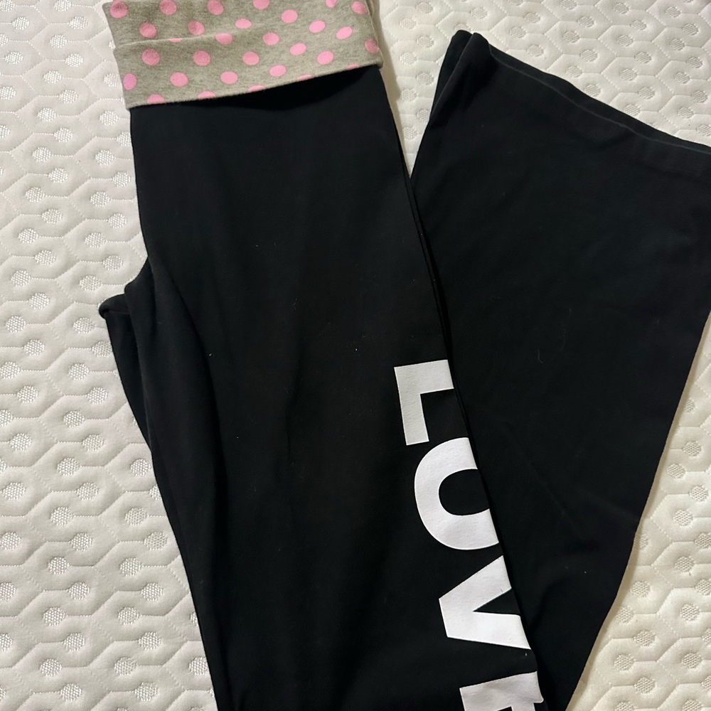 Pink Black fold over flare Leggings with Pink Polka Dot Waistband